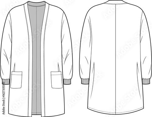 Casual open front cardigan with long sleeves, ribbed cuffs, patch pockets, relaxed fit, layering piece, comfortable knitwear, fashion apparel, cad drawing flat vector illustration
