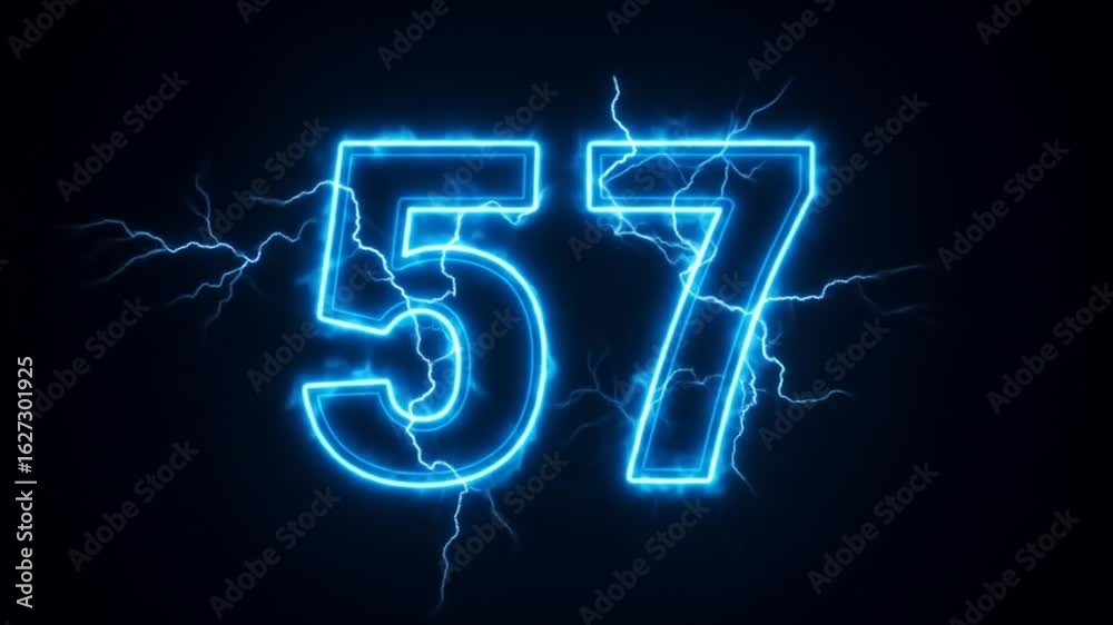 Electric Blue Lightning Bolts Surrounding a Bright Number 57 in a Dark Stormy Sky Electric Blue Lightning Bolts Surrounding a Bright Number 57 in a Dark Stormy Sky