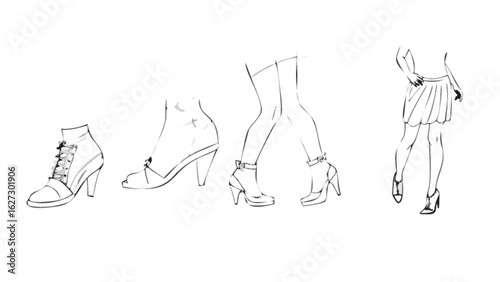 Illustration of different types of womens footwear, including high heels, boots, and dress shoes isolated on white background