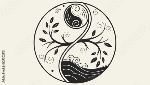 Yin yang tree of life symbol with water isolated on white background, representing balance, harmony, and the interconnectedness of all things