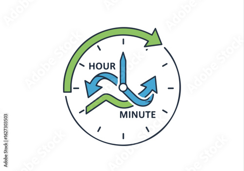 Clock illustration with arrow showing rotation concept around the watch face