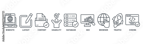 Web Design icon set vector concept with icon of wibesite, layout, content, usability, database, seo, browser, traffic, coding