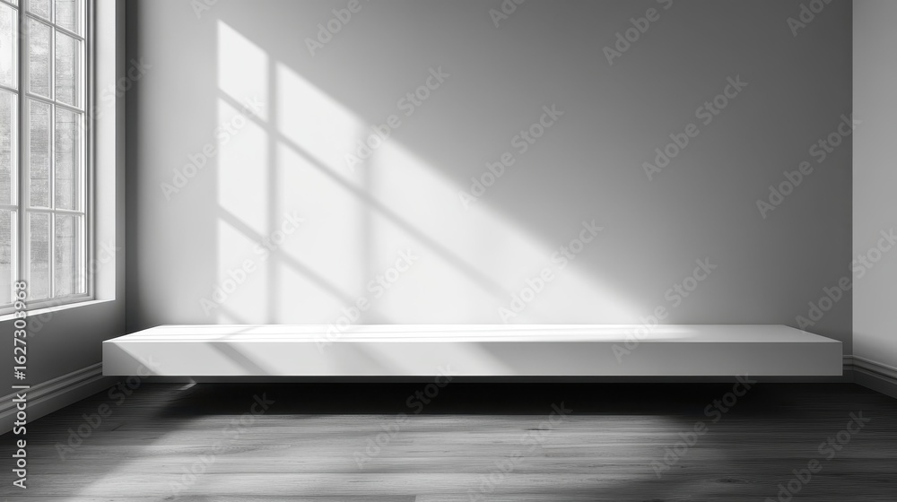 Fototapeta premium Floating white shelf in a modern room with window light.