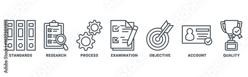 Audit icon set vector concept with icon of standards, research, process, examination, objective, account, quality