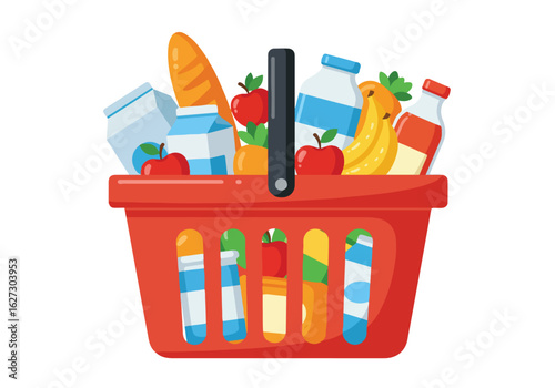 Red shopping basket filled with various groceries representing a supermarket purchase
