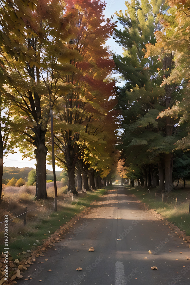 Naklejka premium A road stretches into the distance, lined with trees displaying vibrant autumn colors of yellow, orange, and green.