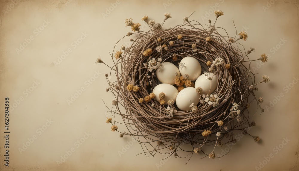 Obraz premium Sepia Nest with Cream Eggs and Dried Flowers on Old Paper Background.