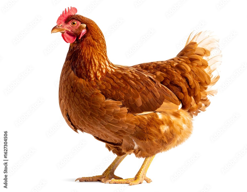 Fototapeta premium Beautiful Brown Hen Standing Proudly Isolated on White Background, Poultry Animal