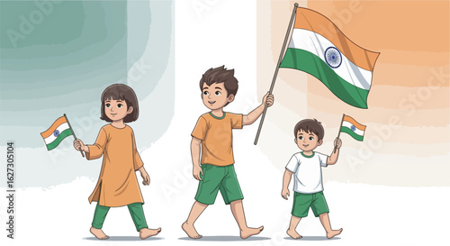 India Independence Day. Children holding Indian flags