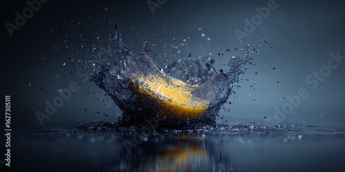 Lemon slice impacting water creating dynamic splash effect studio shot