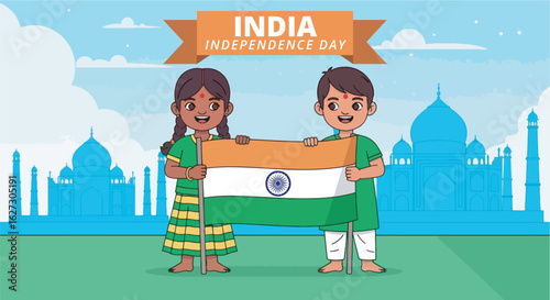 India Independence Day. Children holding Indian flags