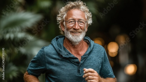 Smiling senior man in a teal running top outdoors, blurred background of greenery