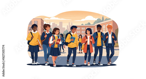 Diverse Students Walking on Campus, Illustration