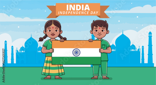 India Independence Day. Children holding Indian flags