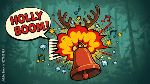 Festive christmas explosion with a bell piano keys reindeer antlers and the words holly boom