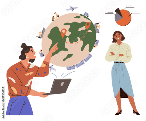 Professional using laptop points at a world map with transport, pins, and buildings another reviews a pie chart. Ideal for teamwork, data analysis, planning, business, logistics, strategy global