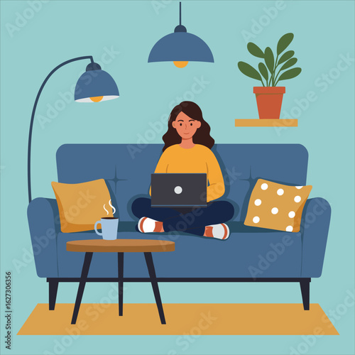 Women is working with a laptop in a cozy room. Vector illustration of a living room. Room interior in flat style. Basic reading concept.