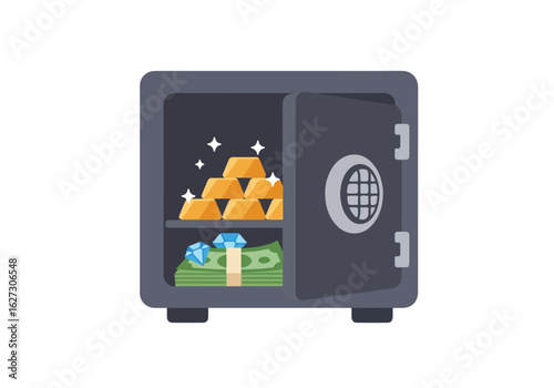Illustration of a safe with money, gold bars, and diamonds symbolizing wealth