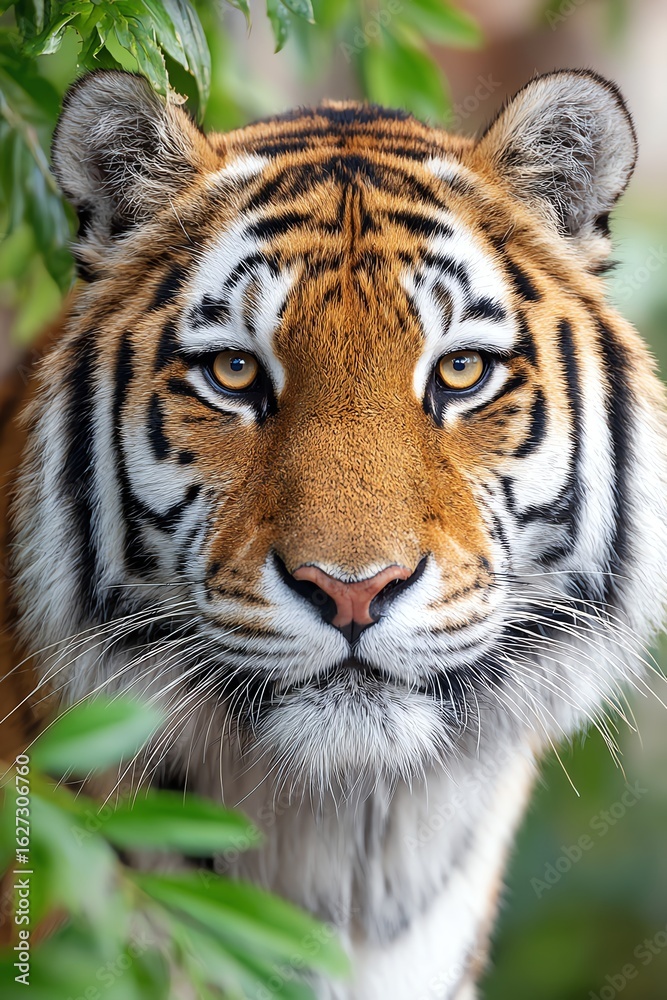 Fototapeta premium tiger in dense jungle looking directly at camera, intense stare