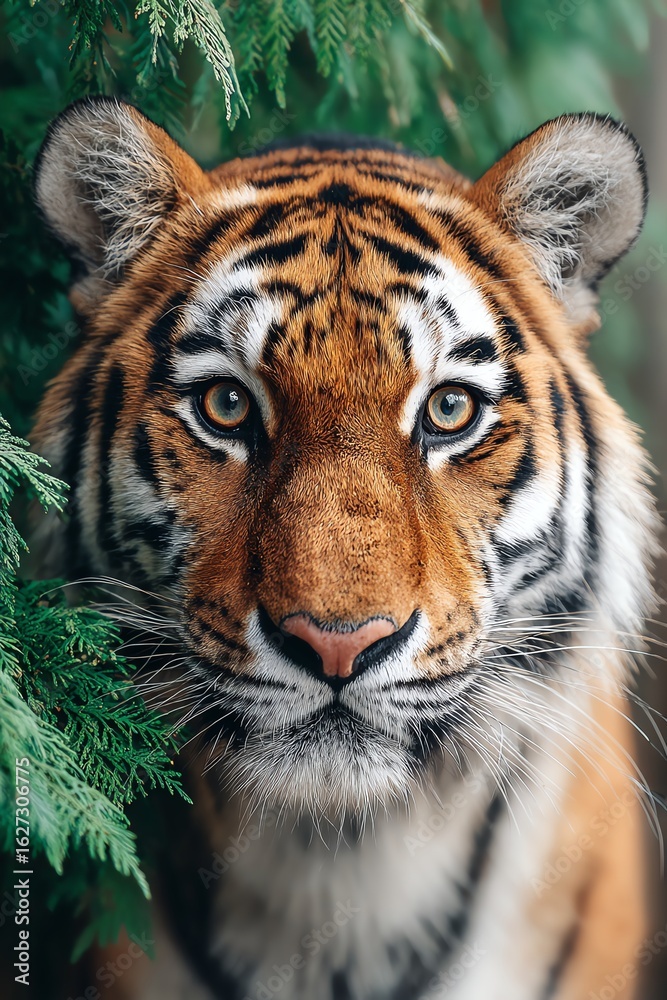 Fototapeta premium tiger in dense jungle looking directly at camera, intense stare