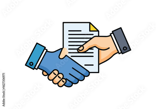 Illustration of a business deal symbolized by handshake holding a document contract