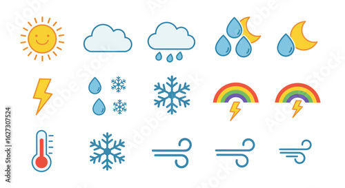 Collection of colorful weather forecast icons. A set of flat style graphic effect elements for meteorology and climate design.