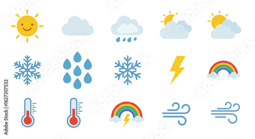 A vibrant set of flat weather forecast icons, including sun, cloud, rain, and snow. Graphic elements for climate and meteorology. Image_fx concept.