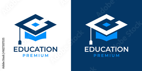 Initial Letter C Mortarboard Logo Design College Education Vector Template. Initial Letter E Graduation Cap Icon Symbol vector. Design of College, Graduation, Hat, Creative, Modern. 1