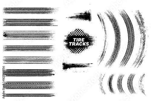 Abstract black tire tracks and checkered flag graphics with grungy textures, isolated on white—perfect for motorsport, racing, and urban design themes.