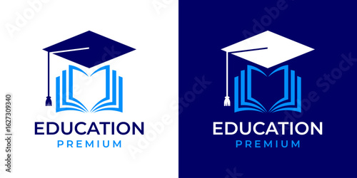 Mortarboard Book Education Logo Symbol Illustration Design Vector Template. Graduation College Cap Logo Icon Symbol. Design of College, Graduation, Hat, Toga, Book, Library, Creative, Modern.