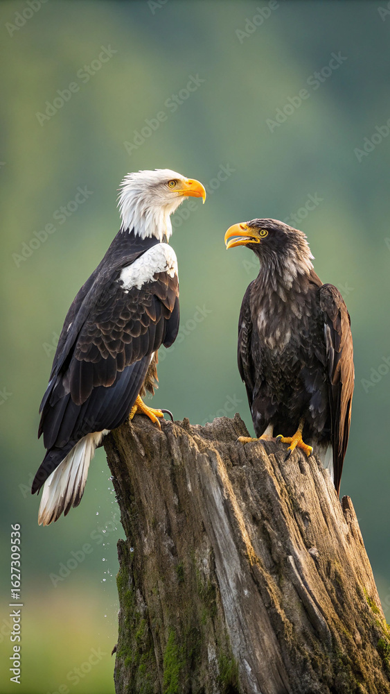 Obraz premium Bald eagle juvenile eagle perched stump