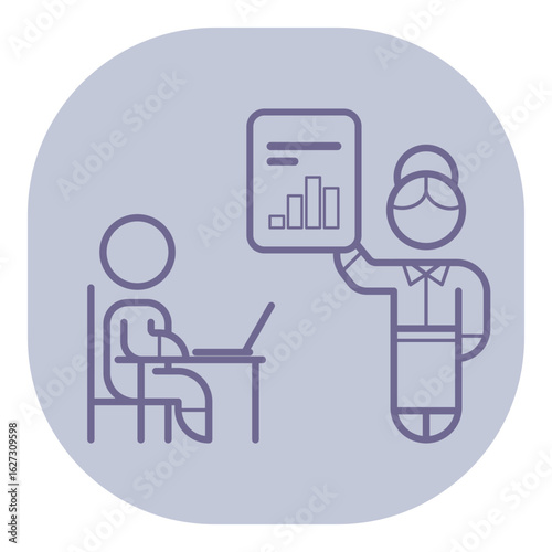 Person listening attentively at desk with laptop while another individual presenting data chart in professional setting, focusing on effective communication