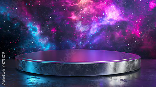 Blank podium mockup in futuristic style. A futuristic platform set against a vibrant cosmic background filled with stars and colorful nebulae.