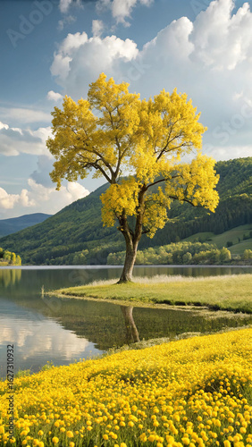 Golden tree beside tranquil water and yellow blooms