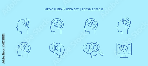 Brain medical healthcare icon set include thinking, head pain, headache, neuron, MRI scan for scientific treatment magnetic resonance disease or depression psychology disorder. editable outline icons.