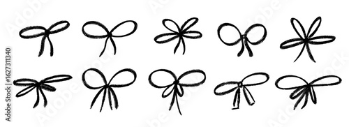 Crayon hand drawn bow collection. Black doodled ribbon bows set. Textured brush stroke scribbled elements pack for gift, present, package decoration. Sketched chalk pastel tied knots bundle. Vector