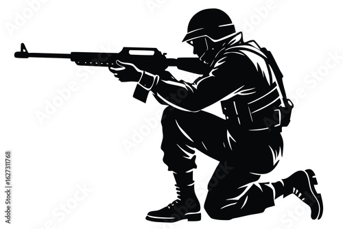 Kneeling Soldier Silhouette Armed with Rifle, Wearing Helmet and Boots Military Illustration