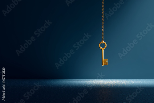3D minimalist golden key suspended above a matte deep blue floor symbolic of inaccessible answers or lost opportunity emotional contrast