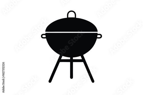 Minimalist Icon of Charcoal Grill with Lid, Handles, and Three Legs on White Background