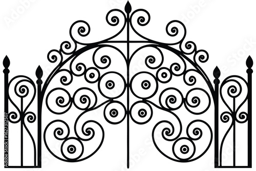 Ornate Black Iron Gate with Scrolls and Circles, Decorative Metalwork Design