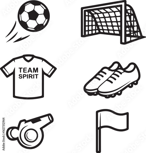 Ball, Goalpost, Jersey, Cleats, Whistle, Flag, Shin Guards, and Field