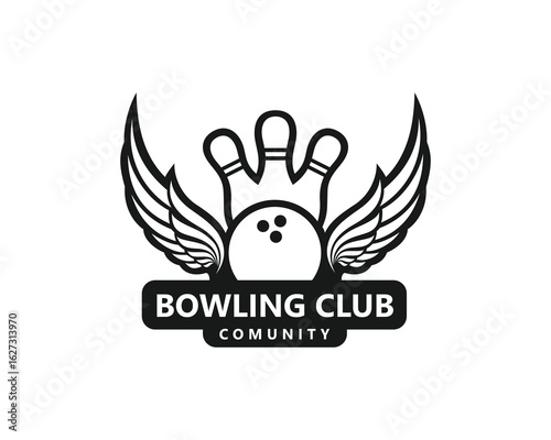 Creative bowling logo, winged bowling ball with pins forming a crown, black and white logo design inspiration