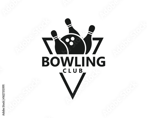 creative bowling logo, bowling ball and pins inside a triangle, black and white logo design inspiration