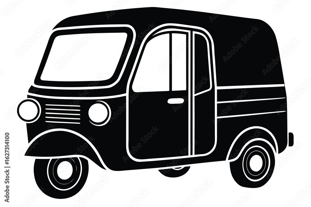 Fototapeta premium Silhouette Illustration of Black Auto Rickshaw with Three Wheels and Open Door Design