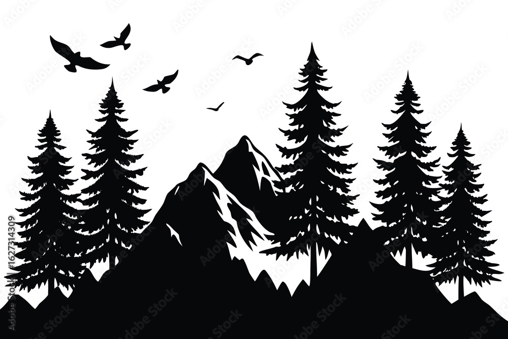 Obraz premium Silhouette Landscape with Mountains, Evergreen Trees, and Flying Birds Against a White Background