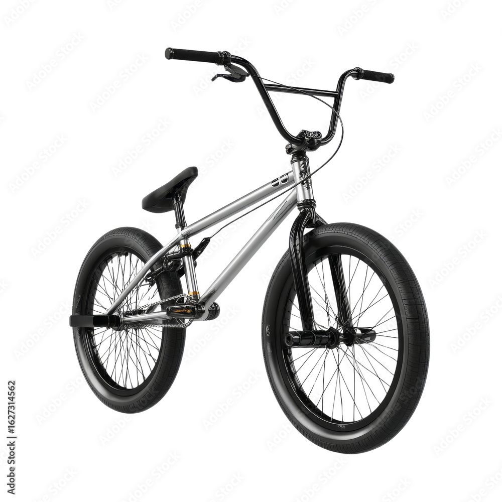 sleek silver BMX bike with sturdy frame, thick tires, and stylish design, perfect for tricks and stunts. This bike embodies freedom and adventure on streets sleek silver BMX bike with sturdy frame, thick tires, and stylish design, perfect for tricks and stunts. This bike embodies freedom and adventure on streets