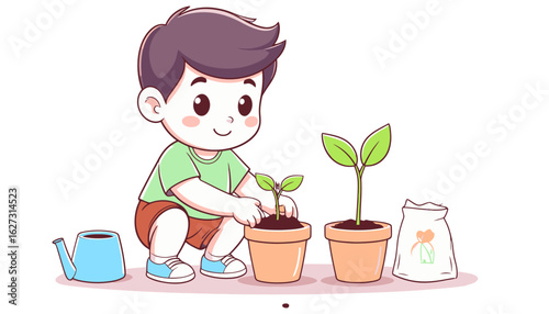 Cute boy planting a seedling in a pot, nurturing nature and promoting growth, eco-friendly