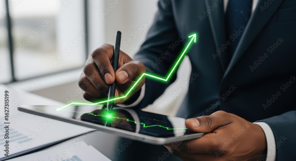 Obraz premium African American businessman analyzes financial data on tablet showing company growth.