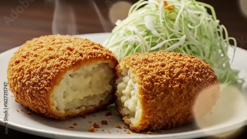 Crispy golden croquettes filled with creamy mashed potatoes, served with fresh shredded cabbage