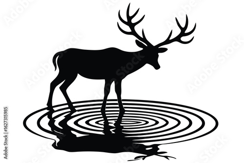 Silhouette of a Majestic Stag Reflecting in Ripples on White Background